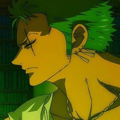 an anime character with green hair looking at something in front of him and his eyes closed