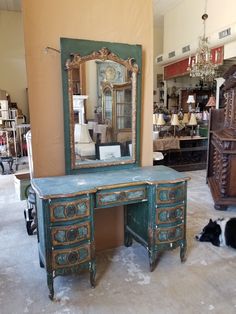 Antique Painted Vanity Dressing Table With Mirror | Chairish Dressing Table With Mirror, Vanity Dressing Table, Painted Vanity, Table With Mirror, French Rustic, Dressing Table Mirror, Antique Paint, Milk Paint, Paint Chips