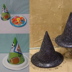 there are three party hats on the table and one has a plate with a football ball on it