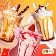 three different milkshakes with strawberries and chocolate on the top, in front of an orange background