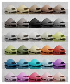 the different colors of shoes are arranged in rows