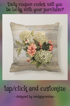 a pillow with flowers painted on it and the words tap / click and customize