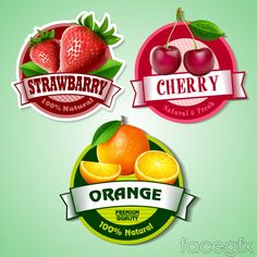 three stickers with fruit on them and the words orange, strawberry, cherries