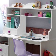 a white desk with purple chair next to it