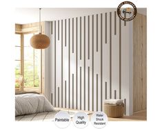 a bedroom with white walls and wood slats on the wall, along with an image of a bed