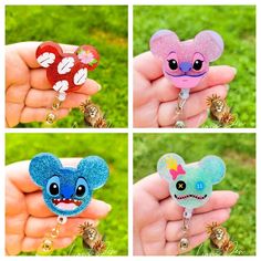 four different images of the same keychain in various colors and designs, each with an evil mouse