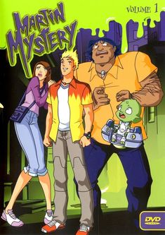 the cartoon poster for martin mystery, featuring two men and a woman standing in front of a