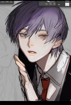 an anime character with purple hair is holding his hand to his face and looking at the camera