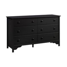 a black dresser with six drawers and two doors on the bottom drawer, in front of a white background