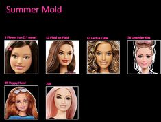 an image of barbie dolls with different hair styles and makeup looks for the summer mold