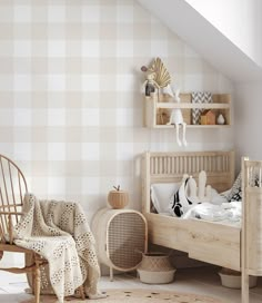 a white and beige bedroom with checkered wallpaper