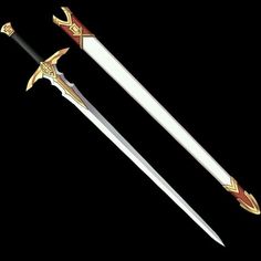 two swords with gold and red accents on them