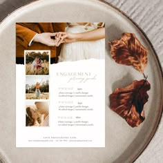 an engagement announcement on a plate with dried leaves and two hands holding the bride's hand