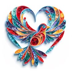 a colorful bird made out of paper on a white background with the shape of a heart