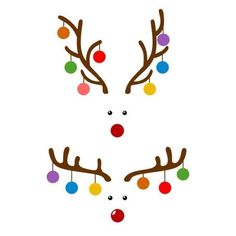 two reindeers with christmas balls hanging from their antlers