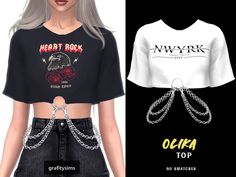 a crop top with chains on the bottom and an image of a woman wearing a t - shirt that says heavy rock