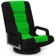 a black and green office chair on a white background