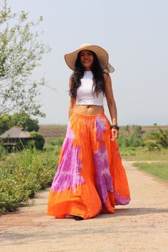 All items are shipped by Thailand Post .Free upgrade to D.H.L. Express when you buy 2 items or more. The USA only Please leave a phone number with orders. US sizing fits XS-XL please check the sizes in inches in the description. This lovely Boho long skirt is made from 100% cotton soft and very comfortable.The skirt is in three tiers and has a full elastic waist band .Half Lined A great piece to wear with a tight or cropped top. Its is very comfy to wear and easy to care for just wash cold cycle Summer Pleated Maxi Skirt, Beach Wide Leg Lined Skirt, Purple Flared Skirt For Summer, Wide Leg Lined Beach Skirt, Summer Purple Flared Skirt Bottoms, Casual Mini Skirt For Festival, Bohemian Pleated Mini Skirt For Beach, Bohemian Orange Maxi Skirt For The Beach, Beach Bohemian Pleated Mini Skirt