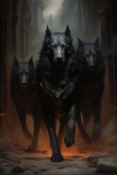 three black wolfs are running in the dark