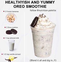 an ice cream smoothie is shown with ingredients to make it look like yummy oreo