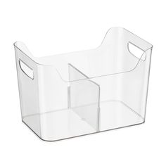 a clear plastic bin with two compartments on the bottom and one section open to show it's contents