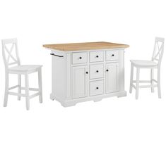 a kitchen island with two stools and a counter top in white finish, against a white background