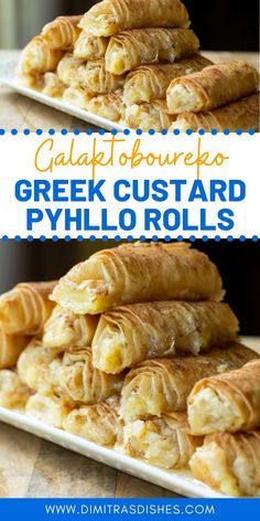 greek custard phyllo rolls on a white plate with text overlay