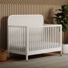 a white crib next to a potted plant in a room with striped wallpaper