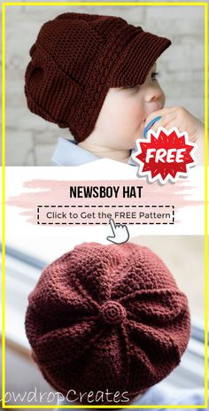 a baby wearing a knitted newsboy hat with the text, click to get that free pattern