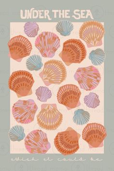 an image of seashells under the sea in pink, blue and orange colors