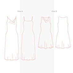 three different types of dresses, one in white and the other in light pink on a white background