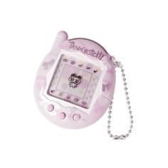 a pink hello kitty electronic clock on a chain