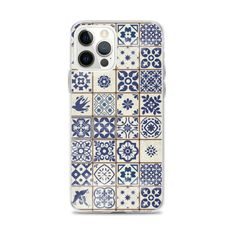 an iphone case with blue and white tiles on the back, showing different shapes and sizes