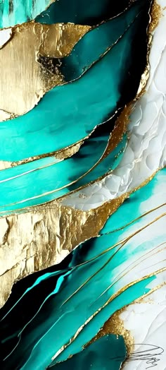 an abstract painting with gold and teal paint on it's side, as well as some white and blue feathers