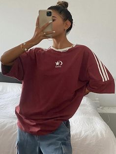 Women's Summer Loose Fit Round Neck Drop Shoulder Sleeve T-Shirt With Letter And Stripe Print Burgundy Casual  Three Quarter Length Sleeve Polyester Cartoon,Colorblock,Letter,Striped  Slight Stretch  Women Clothing, size features are:Bust: ,Length: ,Sleeve Length: Red Graphic Tee Outfit, Shein Clothes, Red Shirts, Drop Shoulder Sleeve, Summer Outfits Y2k, Graphic Tee Outfits, Drop Shoulder Tee, Round Neck Tees, Loose Fitting Tops