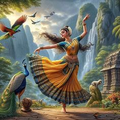 a painting of a woman dancing in front of birds