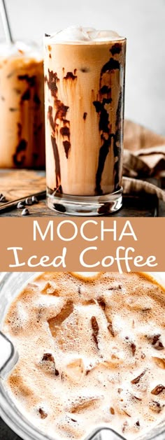 mocha iced coffee in a glass mug with whipped cream on top and the words mocha iced coffee above it