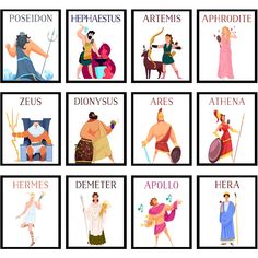 the twelve zodiac signs are depicted in this cartoon style poster, which includes an image of men and women dressed in ancient greek costumes