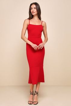 Red Trumpet Midi Dress - Tiered Midi Dress - Strappy Back Dress - Lulus Semi Casual Dresses, Sultry Dress, Old Hollywood Dress, Red Midi Dress Bodycon, Red Fitted Dress, Hollywood Dress, Red Cocktail Dress, Bodycon Skirt, Tiered Midi Dress