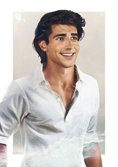 a man with long hair and white shirt smiling at the camera, text reads 3 prince eric from the little mermaid