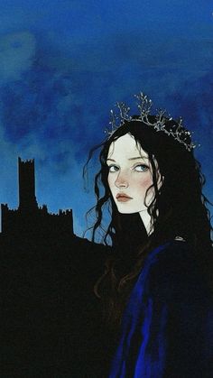 a painting of a woman wearing a tiara in front of a castle at night