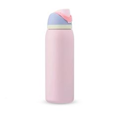 a pink and blue water bottle on a white background