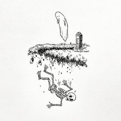 a drawing of a skeleton in front of a grave