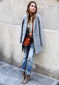 Denim Tips: How to Wash, Break In, and Fold Jeans | StyleCaster Grey Boots Outfit, Julie Sarinana, Grey Overcoat, Gray Coat, Chic Winter Outfits, Denim Jeans Ripped, Sincerely Jules, Casual Styles