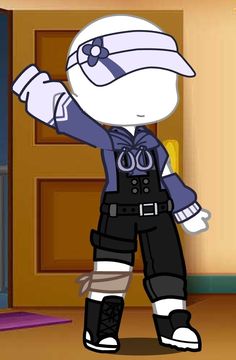 a cartoon character is standing in front of a door and holding his arms out to the side