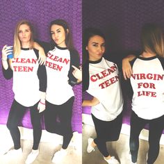 three girls in black and white shirts with the words clean teen written on their t - shirts