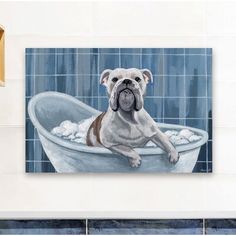 a painting of a dog sitting in a bathtub