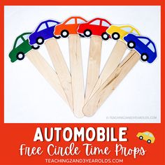 five popsicle sticks with cars on them and the words automobile free cut time props