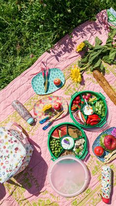 a picnic blanket with food on it and flowers in the backgroung area