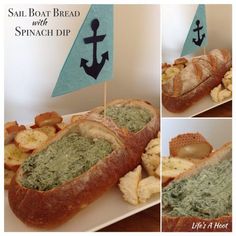 there is a sandwich with spinach dip in the middle and an anchor on top